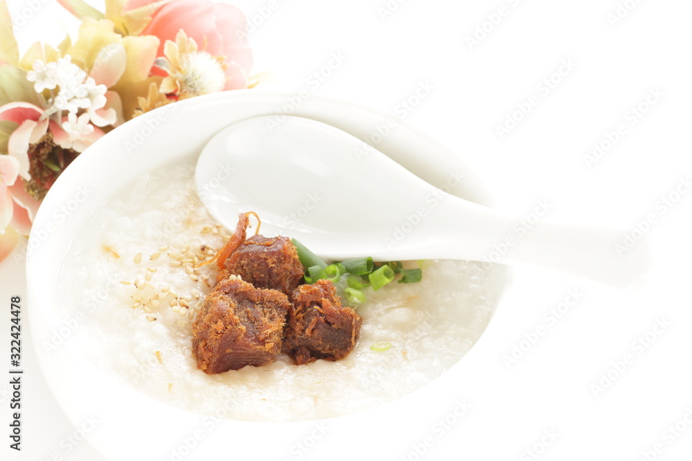 Chinese food, spicy beef jerky on rice porridge with copy space
