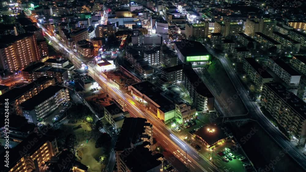 Aobadai, Tokyo. Aerial time lapse of city streets and trains at night Aobadai, Tokyo. Aerial time lapse of city streets and trains at night