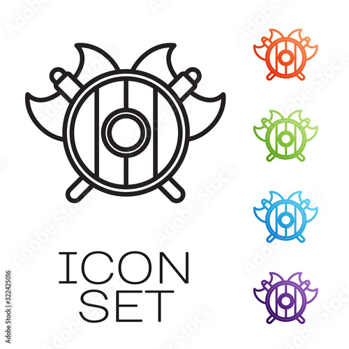 Black line Medieval shield with crossed axes icon isolated on white background. Battle axe, executioner axe. Set icons colorful. Vector Illustration