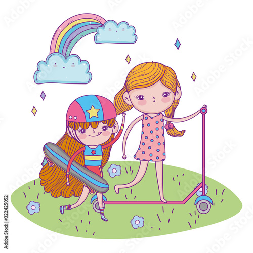 happy childrens day, girls with scooter and skateboard outdoor
