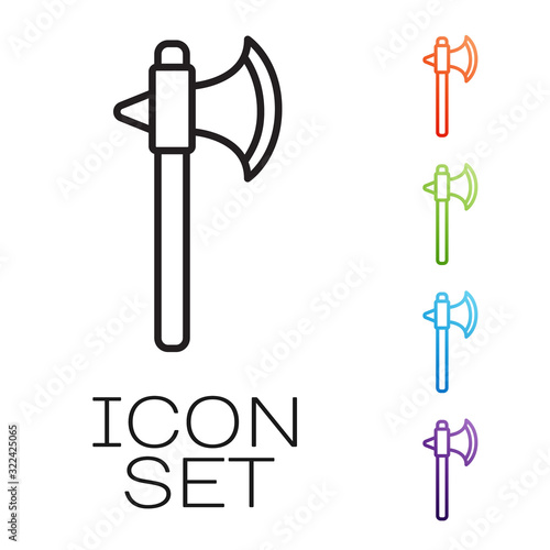 Black line Medieval axe icon isolated on white background. Battle axe, executioner axe. Set icons colorful. Vector Illustration