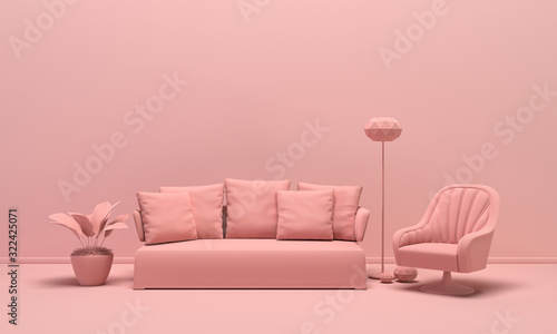 Interior room in plain monochrome light pink color with furnitures and room accessories. Light background with copy space. 3D rendering photo