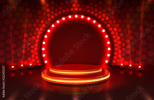 Photo Show light, Stage Podium Scene with for Award Ceremony on red Background