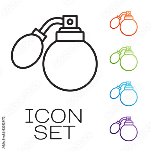 Black line Aftershave bottle with atomizer icon isolated on white background. Cologne spray icon. Male perfume bottle. Set icons colorful. Vector Illustration