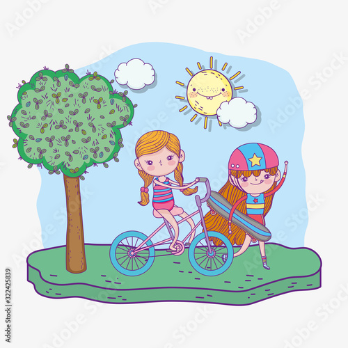 happy childrens day, cute girl skateboard and bicycle in the park