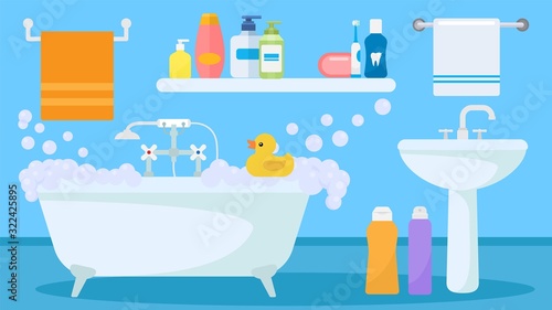 Bathroom interior with soapy foam water filled tub and toy duck for child playing vector illustration. Sink, bath items, accessories towels, shower gel and shampoo bottles, toothbrush.