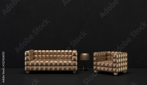 Dark color wall and floor room with golden metalic style furnitures and room accessories. Dark background with copy space. 3D rendering