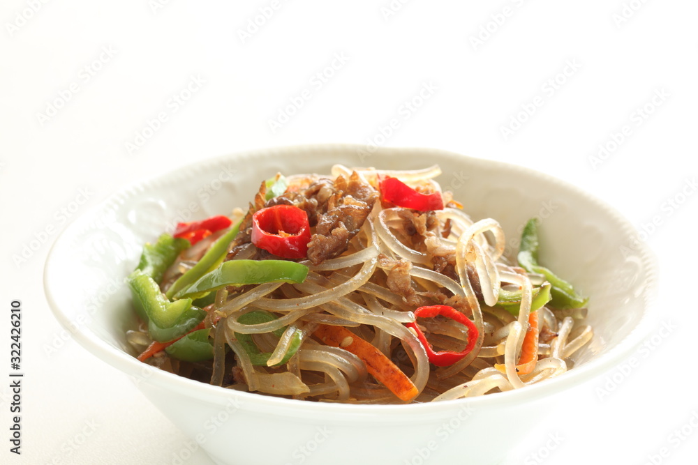 Homemade Korean cuisine, Japchae beef and vegetable stir fried with glass noodles