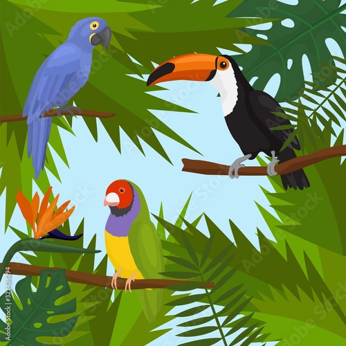 Tropical exotic nature cartoon birds and plants vector illustration. Summer g...
