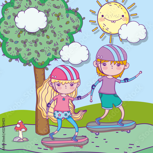 happy childrens day, boy and girl riding skateboard in the park
