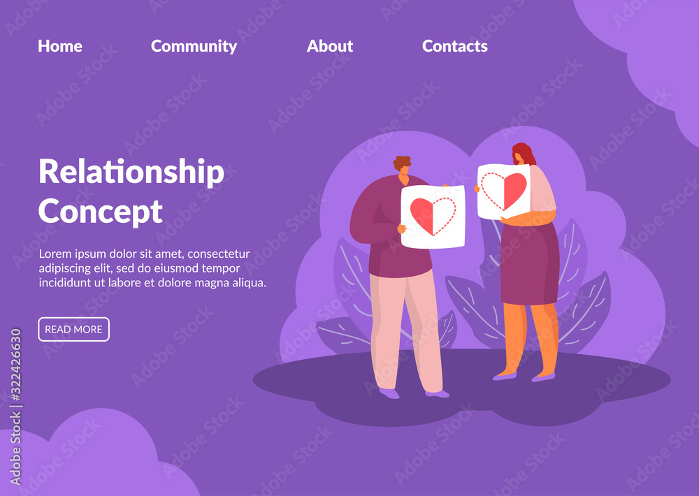 Relations between man and woman vector illustration Valentine day concept website. Couple of people holding two halves of one heart. Dating, love, relationship, family. Internet page relationship.