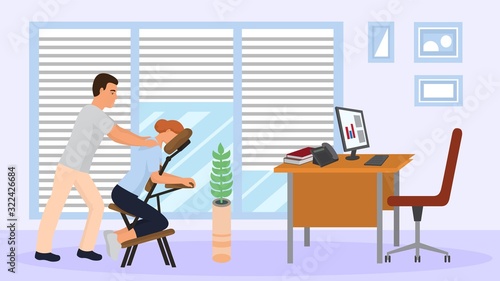 Massage at office workplace with portable massage chair vector illustration. People therapist masseur man and worker business woman patient at job break. Company room interior, computer desk, phone.