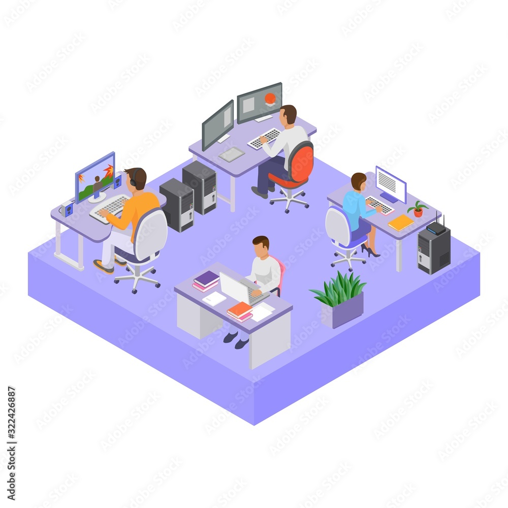 Office people group team in workspace vector illustration isometry. Open space office room. Man woman staff colleagues coworkers employees busy at job. Desktops, chairs, computers. Office people group team in workspace vector illustration isometry. Open space office room. Man woman staff colleagues coworkers employees busy at job. Desktops, chairs, computers.