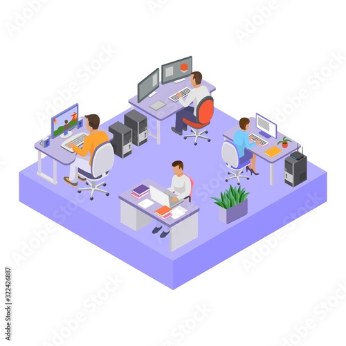 Office people group team in workspace vector illustration isometry. Open space office room. Man woman staff colleagues coworkers employees busy at job. Desktops, chairs, computers.