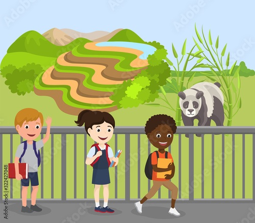 Children excursion to zoo vector illustration. Wild cute animal panda in open air behind fence. Happy smiling multiracial people visitor school kids boy girl group go past panda in zoological garden.