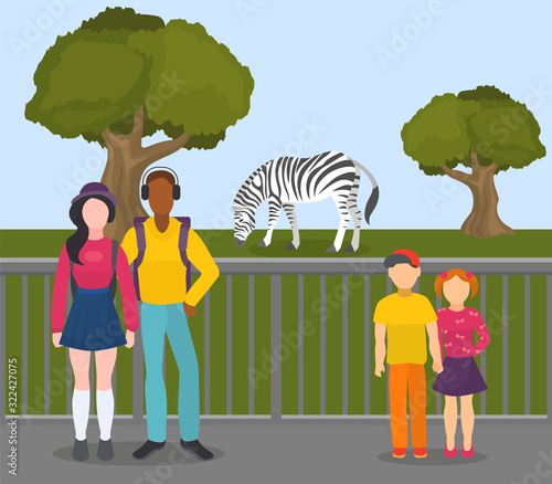 Zebra in zoo vector illustration flat. People visitors children boy and girl, young couple woman, man. Wild animal zebra walks outdoors in open air on grass behind fence at zoological garden.
