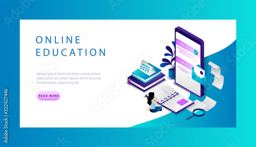 Isometric Online Education Website Landing Page Concept. Woman Is Studying, Doing Tasks On The Smartphone. Web Page Vector Illustration