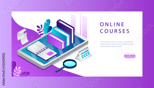 Isometric 3d Online Course Concept. Website Landing Page. E learning Courses With Books, Opened Copybook On Big Smartphone. Online Course For Distance Education. Web Page Vector Illustration