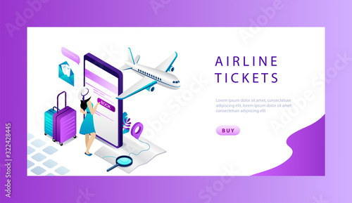 Isometric Reservation And Booking Airplane Ticket Online Concept. Website Landing Page. Woman Is Buying or Booking Online Ticket On the Big Smartphone. Online Ticket Web Page Vector Illustration © Intpro