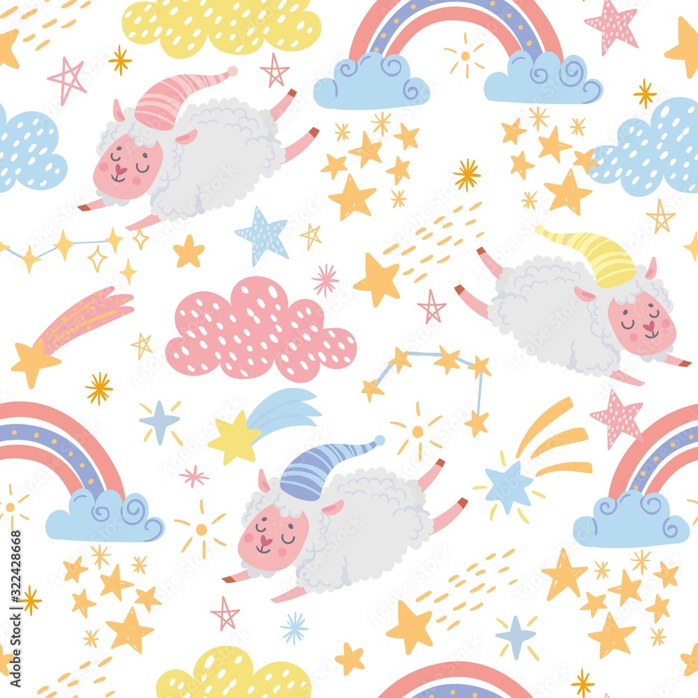 Seamless pattern with baby funny sheeps. Background with rainbow, stars, cute elements. Good night and sweet dreams. Kids wallpaper. Vector cartoon illustration
