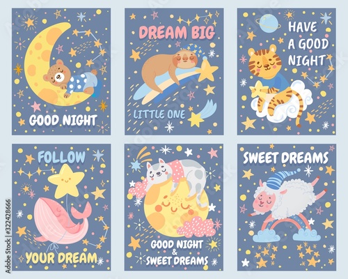 Collection of funny cards with baby sleeping animals. Set of poster for kids room. Good night. Sweet dreams. Stars, moon and cloud. Vector illustration