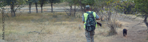 A man with a gun in his hands and an green vest on a pheasant hunt in a wooded area in cloudy weather. Hunter with dogs in search of game.