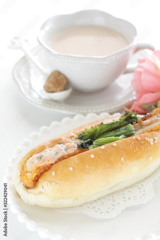 Homemade vegetable and croquette hot dog for breakfast gourmet sandwich Homemade vegetable and croquette hot dog for breakfast gourmet sandwich