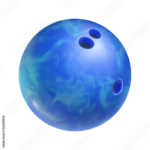 Realistic blue bowling ball with holes isolated on white background. Bowling competition and design element for tournament announcement. Sports equipment for indoor activity vector illustration.