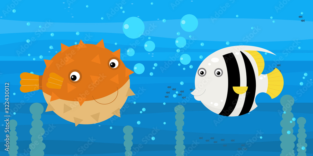 Happy cartoon undersea scene with swimming coral reef fishes illustration Happy cartoon undersea scene with swimming coral reef fishes illustration