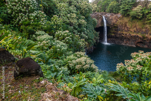 Hilo, Hawaii, USA. - January 9, 2012: Long shot on Rainbow falls, today with only limited water flow over brown rock cliff. Surrounded by green rain forest vegetation.
