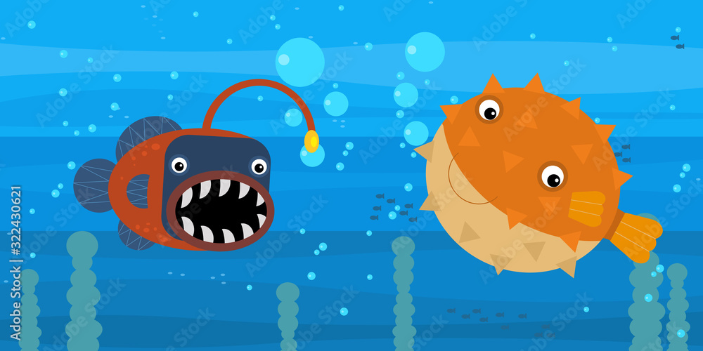 Happy cartoon undersea scene with swimming coral reef fishes illustration Happy cartoon undersea scene with swimming coral reef fishes illustration