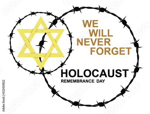 International Holocaust Remembrance Memorial Day, Yellow Star of David International Day of Fascist Concentration Camps and Ghetto Prisoners Liberation card. Barbed wire and victims hands silhouettes