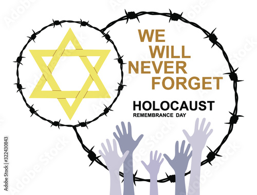 International Holocaust Remembrance Memorial Day, Yellow Star of David International Day of Fascist Concentration Camps and Ghetto Prisoners Liberation card. Barbed wire and victims hands silhouettes