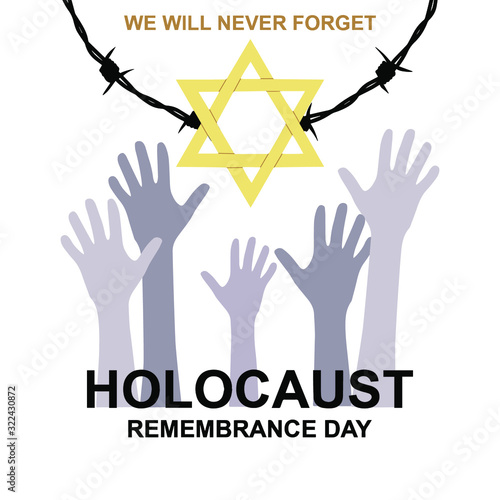 Memorial day. Yellow Star of David, International Day of Fascist Concentration Camps and Ghetto Prisoners Liberation card, Holocaust barbed wire and victims hands silhouettes.