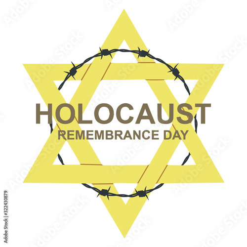 International Holocaust Remembrance Memorial Day, Yellow Star of David International Day of Fascist Concentration Camps and Ghetto Prisoners Liberation card. Barbed wire