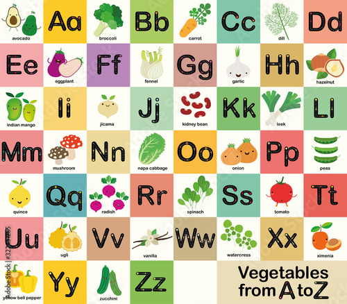 A-Z vegetable alphabet set for kids, Vector illustration 