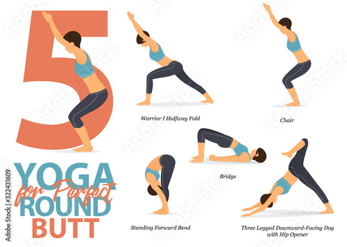 Infographic of 5 Yoga poses for perfect round butt in flat design. Beauty woman is doing exercise for body stretching. Set of yoga sequence Infographic.  Yoga Cartoon Vector art and Illustration.