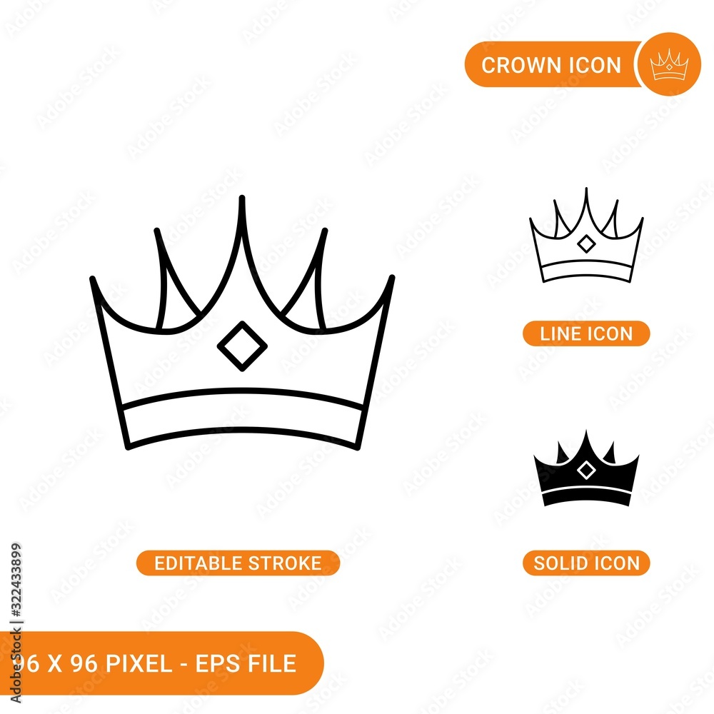 Crown icons set vector illustration with solid icon line style. Royal king crown concept. Editable stroke icon on isolated background for web design, infographic and UI mobile app. Crown icons set vector illustration with solid icon line style. Royal king crown concept. Editable stroke icon on isolated background for web design, infographic and UI mobile app.
