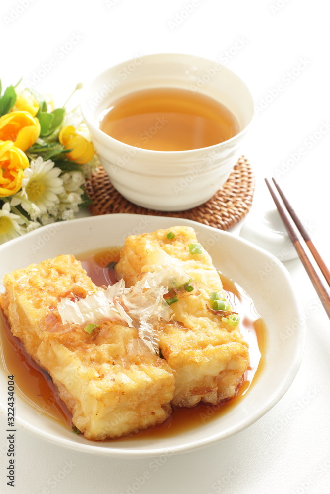 Japanese food, Dashi tofu Katsuobushi and tea Japanese food, Dashi tofu Katsuobushi and tea
