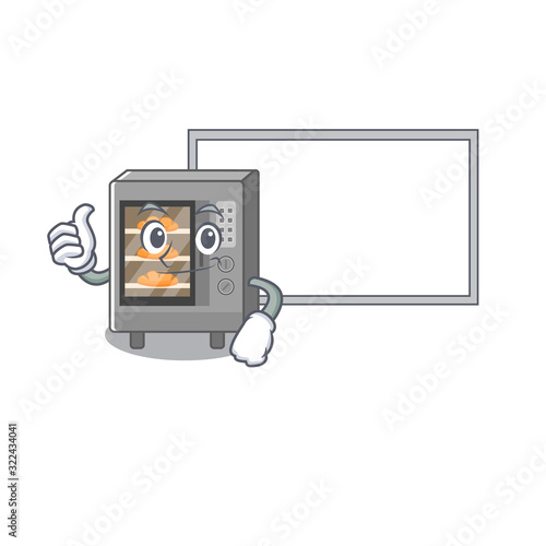 Thumbs up of oven cake cartoon design having a board