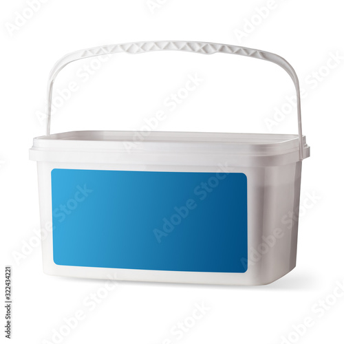 A plastic container insulated on a white background, with an empty label for text.