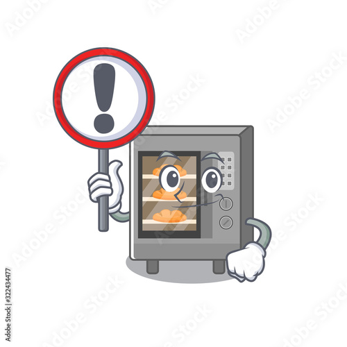 cute mascot character style of oven cake raised up a sign