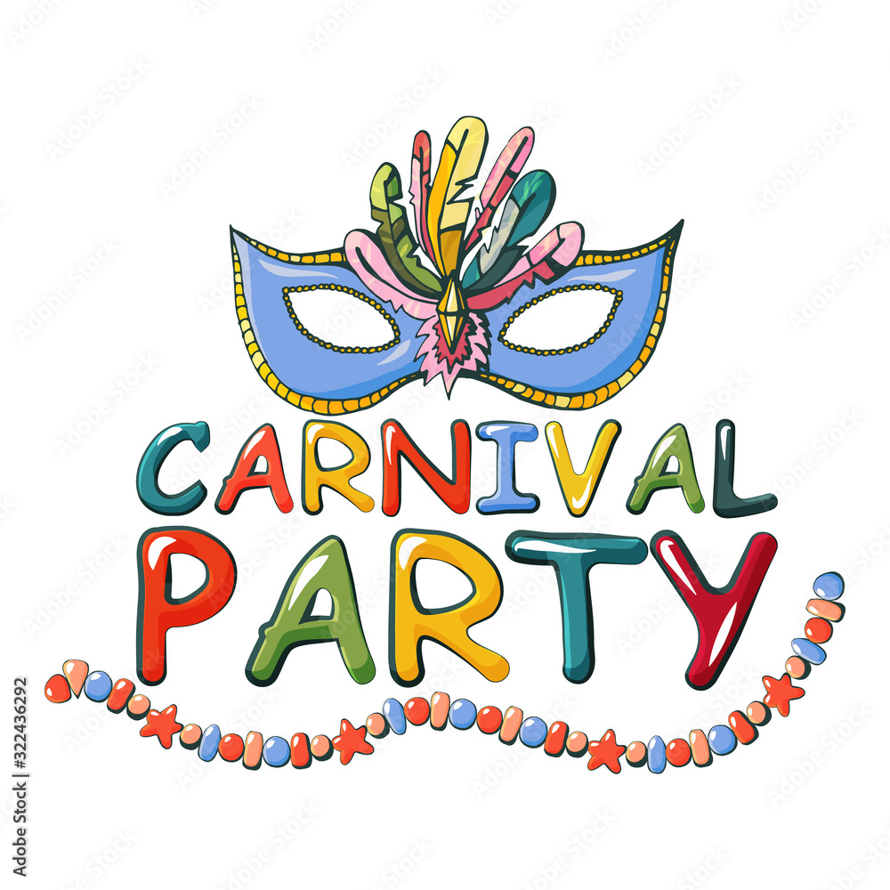 Cartoon color vector carnival inscription with mask and beads