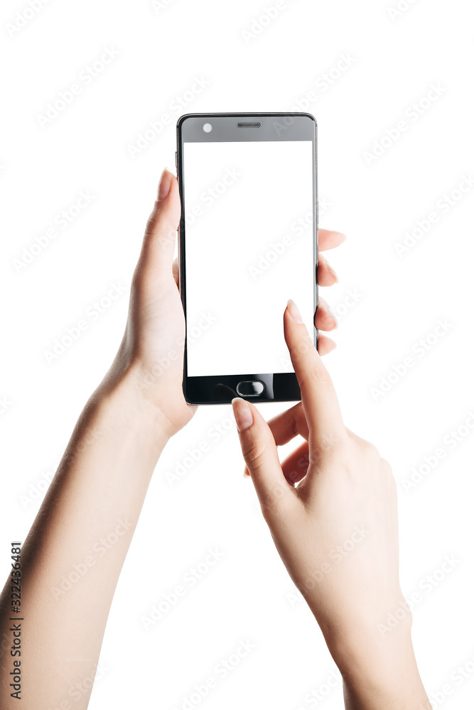 hand touching smartphone screen isolated on white hand touching smartphone screen isolated on white