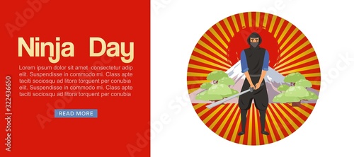 Ninja assassin with Japanese weapon sword to attack on japanese landscape vector cartoon illustration. Ninja warriors with weapon in red japanese circle, web banner.