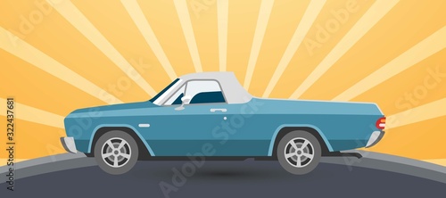 Vintage retro pickup car vector illustration on sun rising yellow background for promotion or old auto festival. Cartoon vintage blue pickup car.