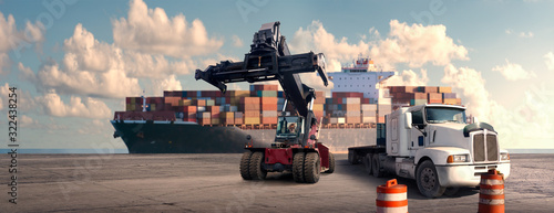 Image type  Photo Illustration Usage  Commercial Editorial Panorama banner transport and logistic concept by truck boat plane for logistic Import export global worldwide background