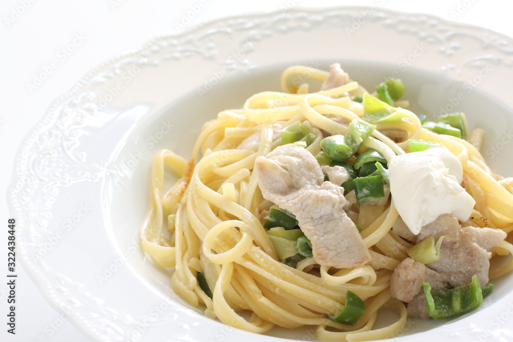 Italian food, pork and cream cheese with green belly pepper pasta