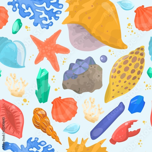 Cartoon sea shells, starfish, corals and ocean cockleshells isolated on white seamless pattern, vector illustration. Sea shells, corals and starfish background.