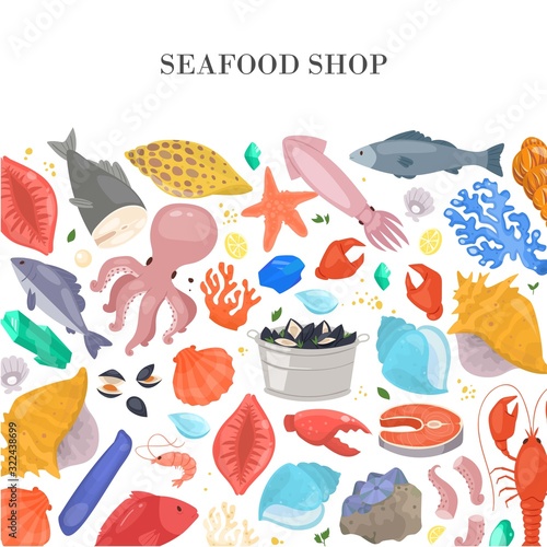Seafood and fish shop poster with shells, starfish, corals, octopus and ocean cockleshells, shrimps isolated on white vector illustration. Seafood, salmon fish, shells, corals and starfish background.